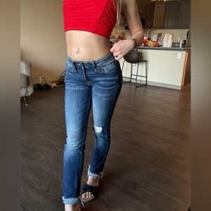 Vigoss Blue Skinny Jeans with Distressed Thigh and Mid-Rise Fit